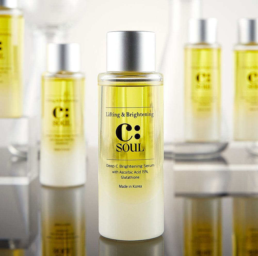 C:soul Deep C Brightening Serum with ascorbic acid 15%, front bottle with additional bottles in the background
