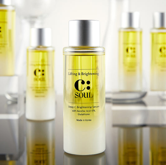 C:soul Deep C Brightening Serum with ascorbic acid 15%, front bottle with additional bottles in the background